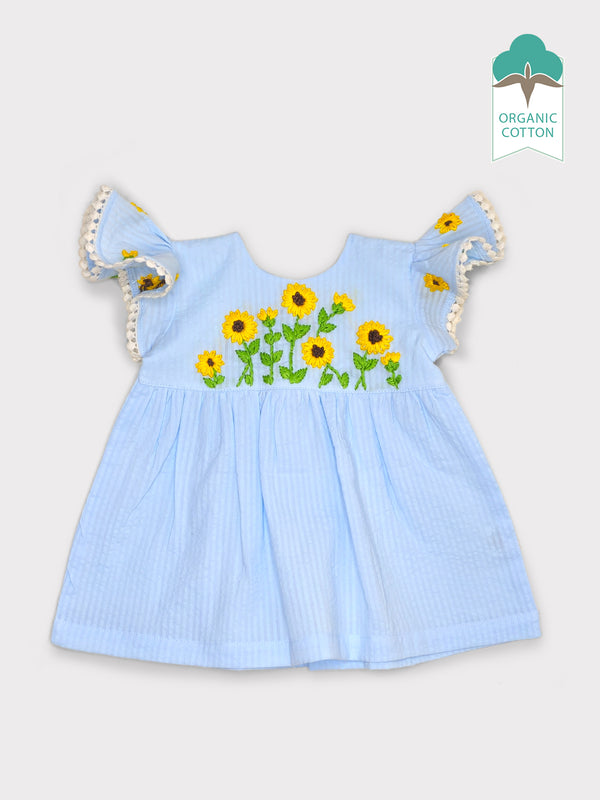 Sunflower - Organic Cotton Embroidered Girls Blue Dress