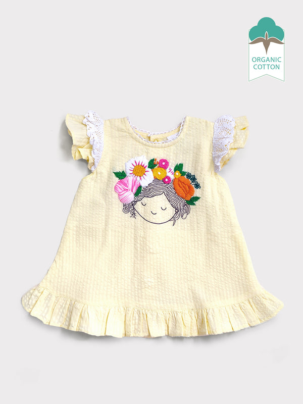 Blossom - Organic Cotton Hand Embroidered Yellow Baby Girl Dress