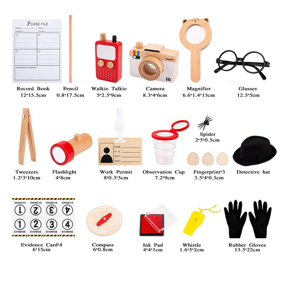 Wooden Detective Role Play Set for Kids, 15 Pieces with Evidence Markers, Wooden Tools, Case File, Black Hat and Accessories