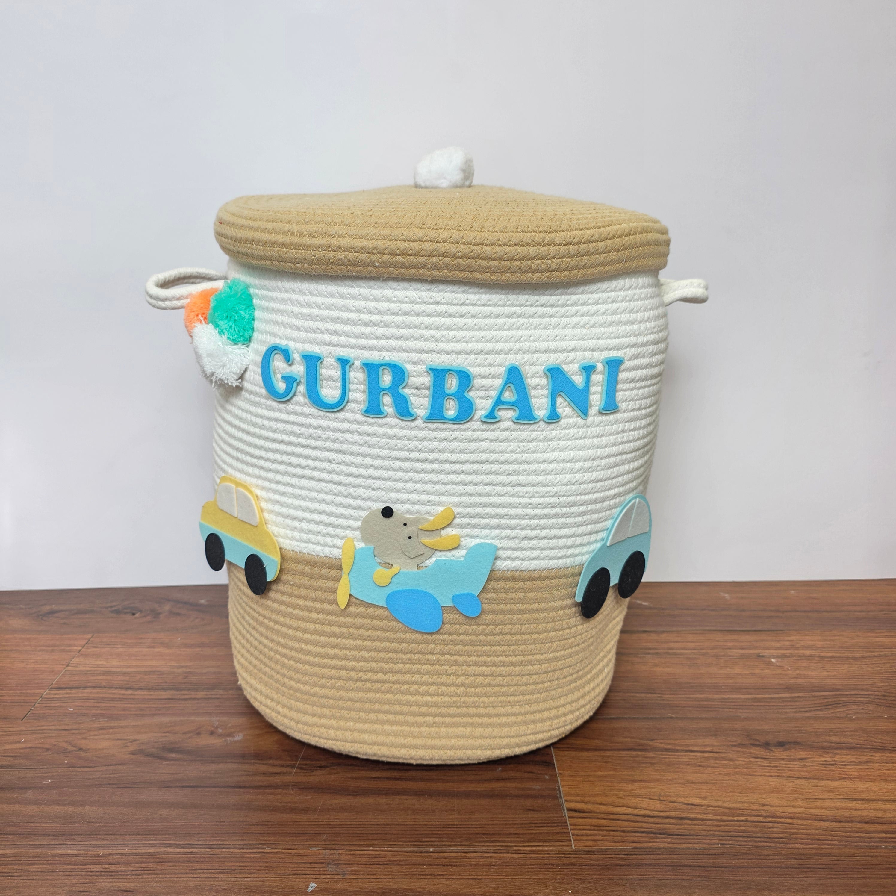 Jute Cotton Storage Basket with Lid - Wings & Wheels Wonderland