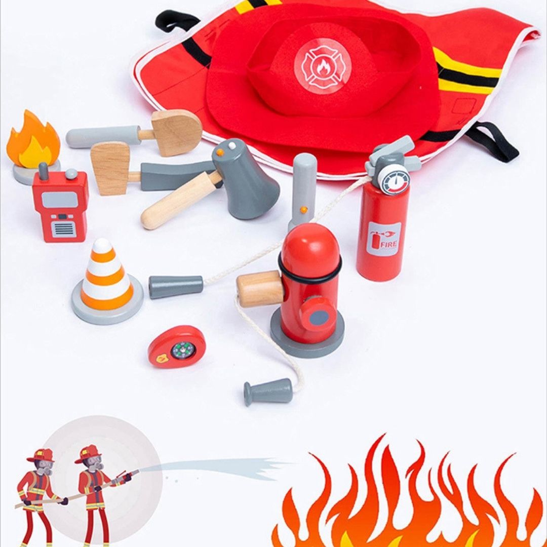 Wooden Firefighter Pretend Play Toy with Fireman Costume Kit 14 Pcs