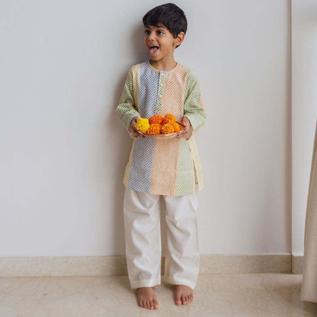 Spot The Checks - Chanderi Kurta Pyjama Set| Hand-Block printed