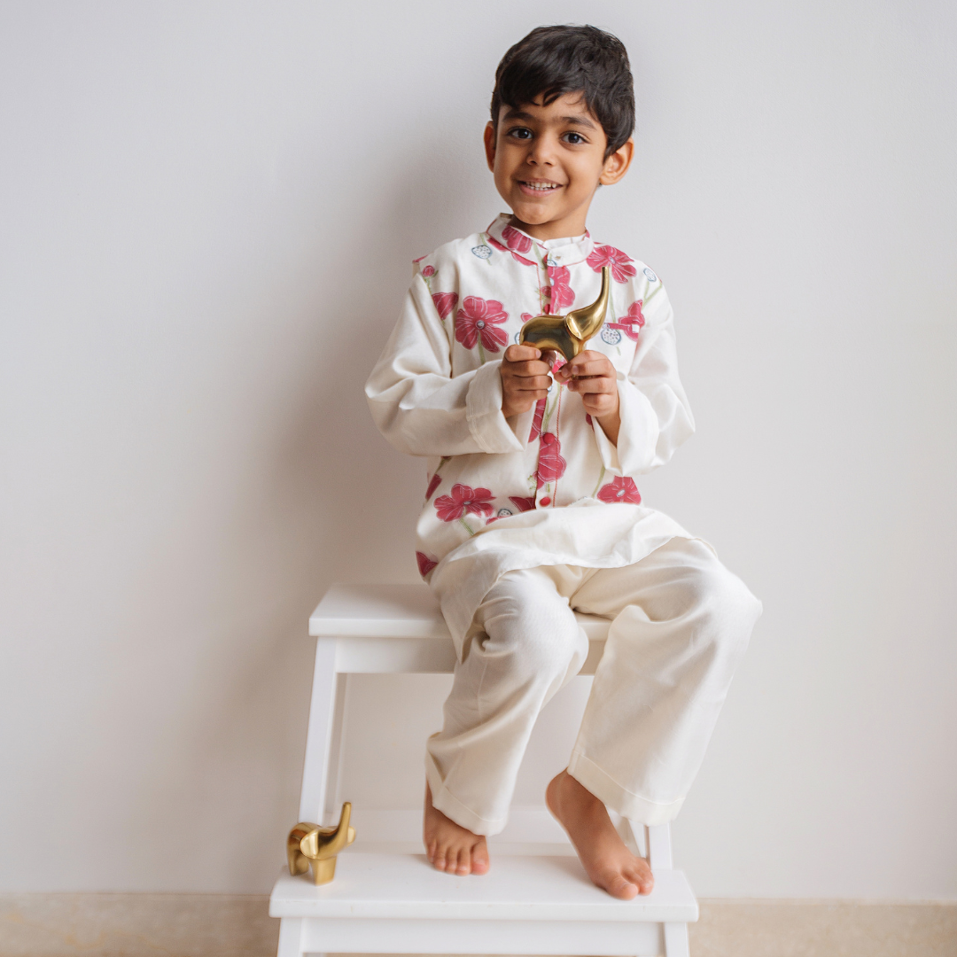 Poppy Fields - Chanderi Kurta Pyjama & Bandi Set | Hand-Block Printed - Ruby