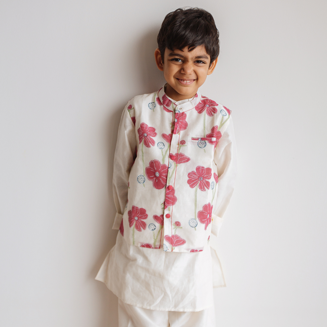 Poppy Fields - Chanderi Kurta Pyjama & Bandi Set | Hand-Block Printed - Ruby