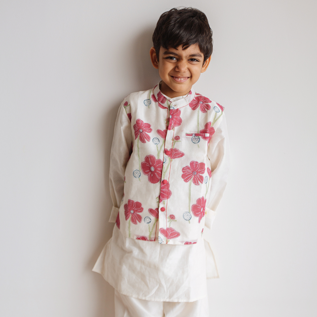 Chanderi Kurta Pyjama & Bandi Set - Poppy Fields (Ruby)