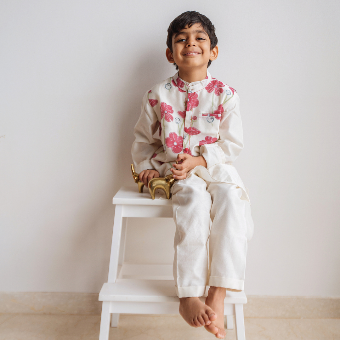 Poppy Fields - Chanderi Kurta Pyjama & Bandi Set | Hand-Block Printed - Ruby