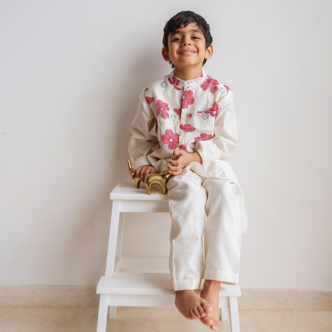 Chanderi Kurta Pyjama & Bandi Set - Poppy Fields (Ruby)