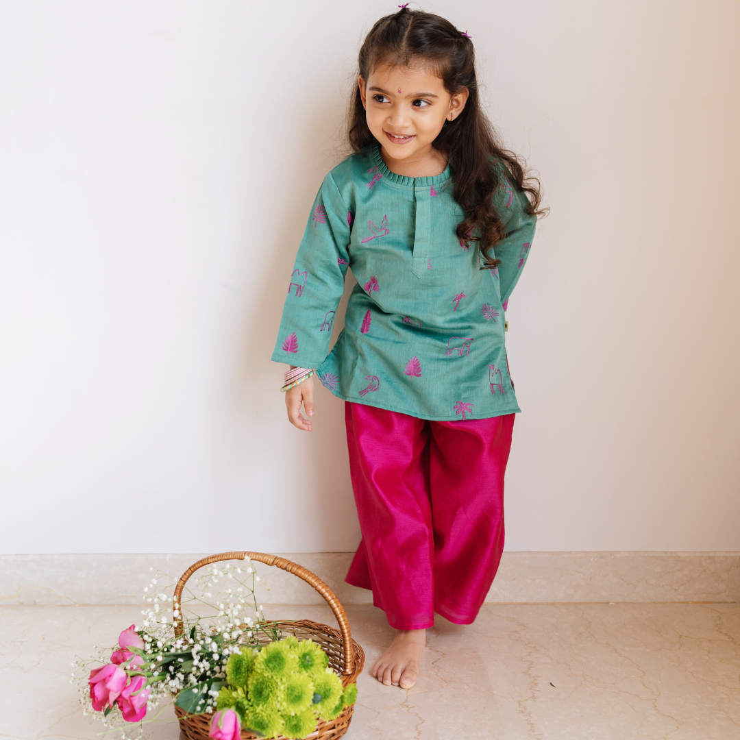 Chanderi Kurti Pant  Set - Magical Jungle Embroidered