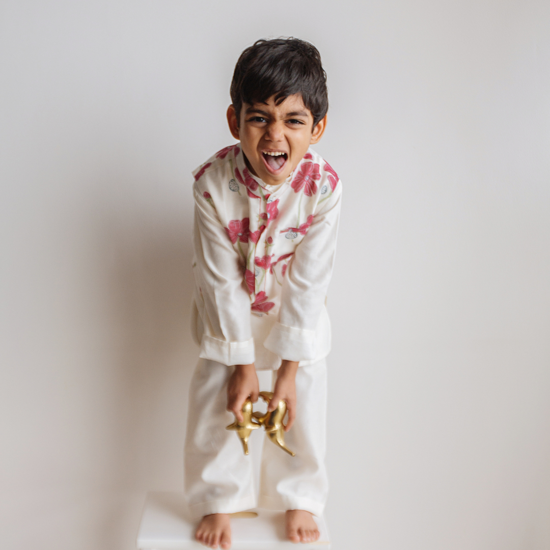 Poppy Fields - Chanderi Kurta Pyjama & Bandi Set | Hand-Block Printed - Ruby