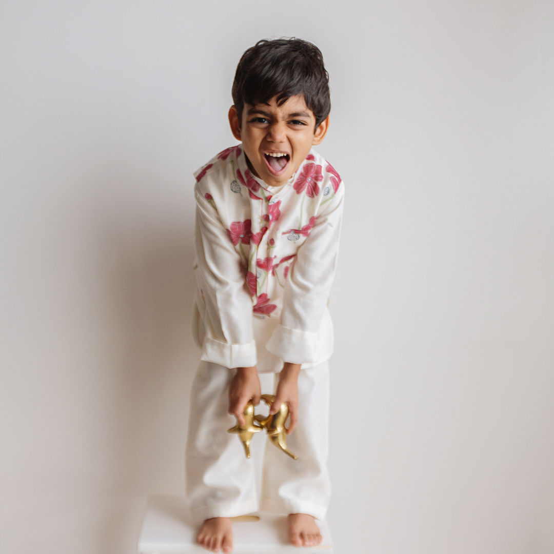 Chanderi Kurta Pyjama & Bandi Set - Poppy Fields (Ruby)
