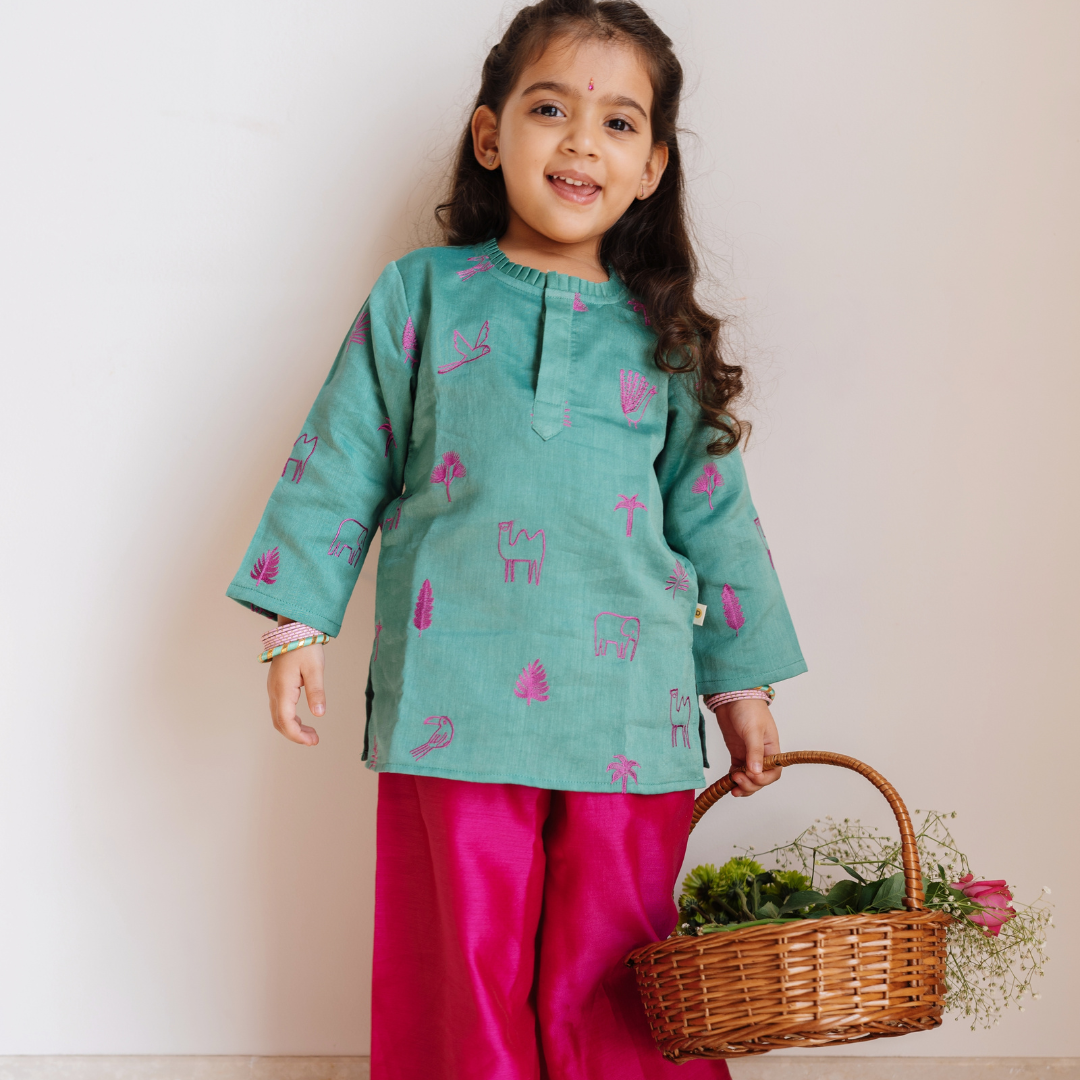 Chanderi Kurti Pant  Set - Magical Jungle Embroidered