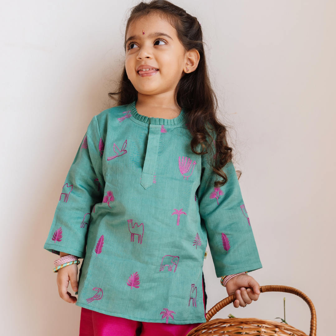 Chanderi Kurti Pant  Set - Magical Jungle Embroidered