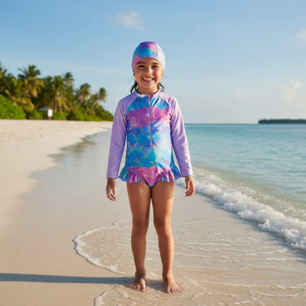 Lilac Pearl Mermaid Zip Swimsuit with cap