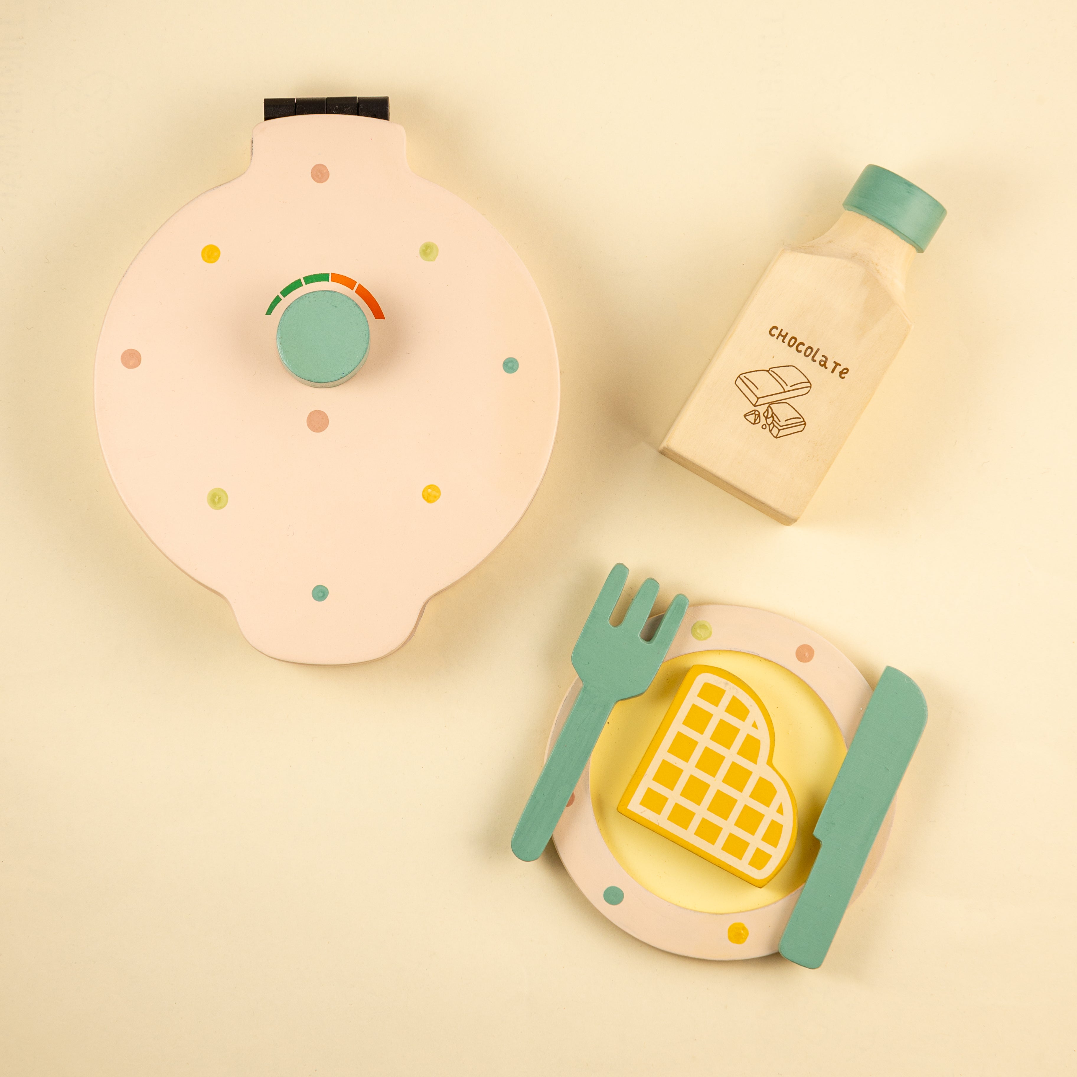Wooden Waffle Maker -Sweet Treat Toddler & Kids Pretend Play Cooking Toy Set | Imagination and Creativity for 1 Year + (Beige)