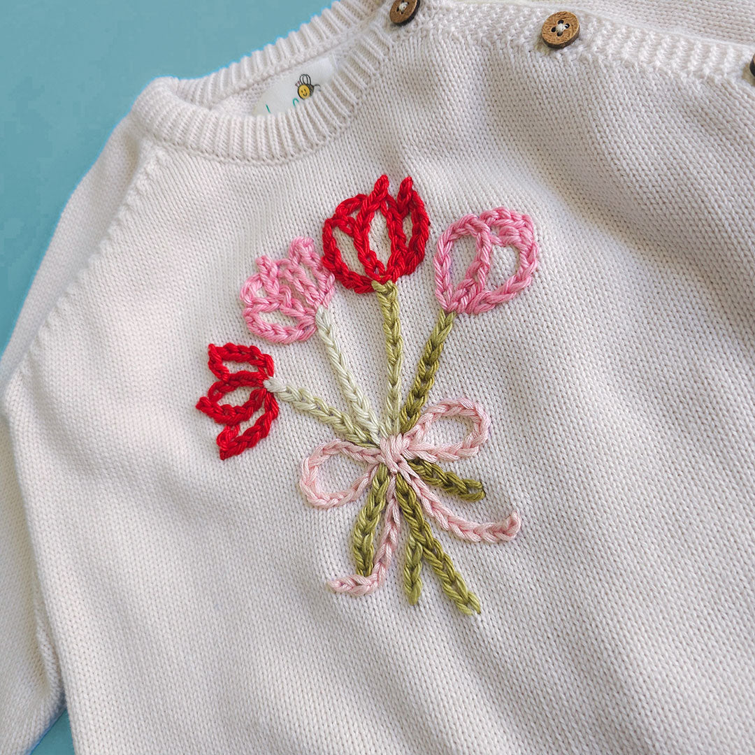 Tulip Bouquet - Cotton Hand Embroidered White Sweater