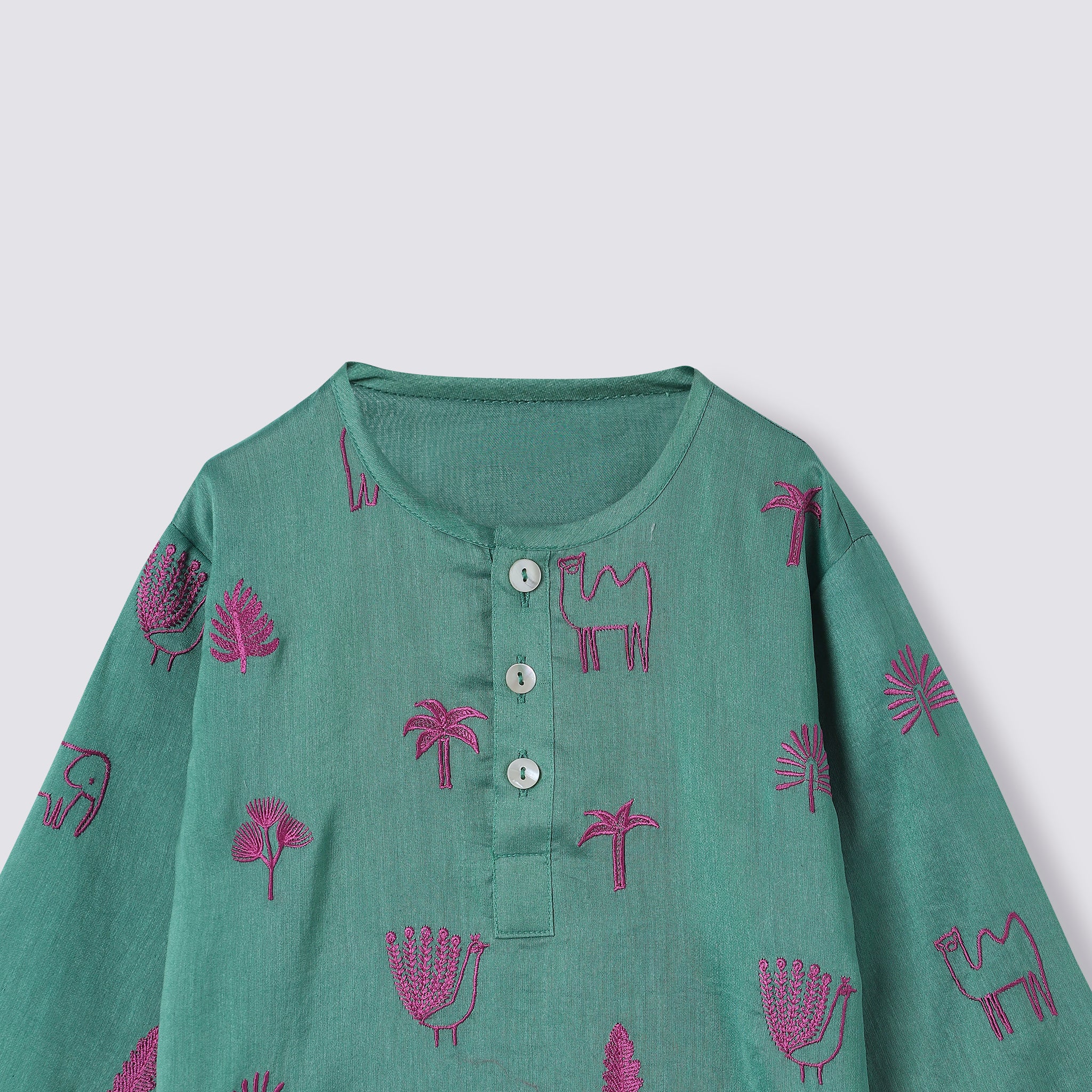 Chanderi Kurta Pyjama Set | Embroidered - Magical Jungle (Emerald)