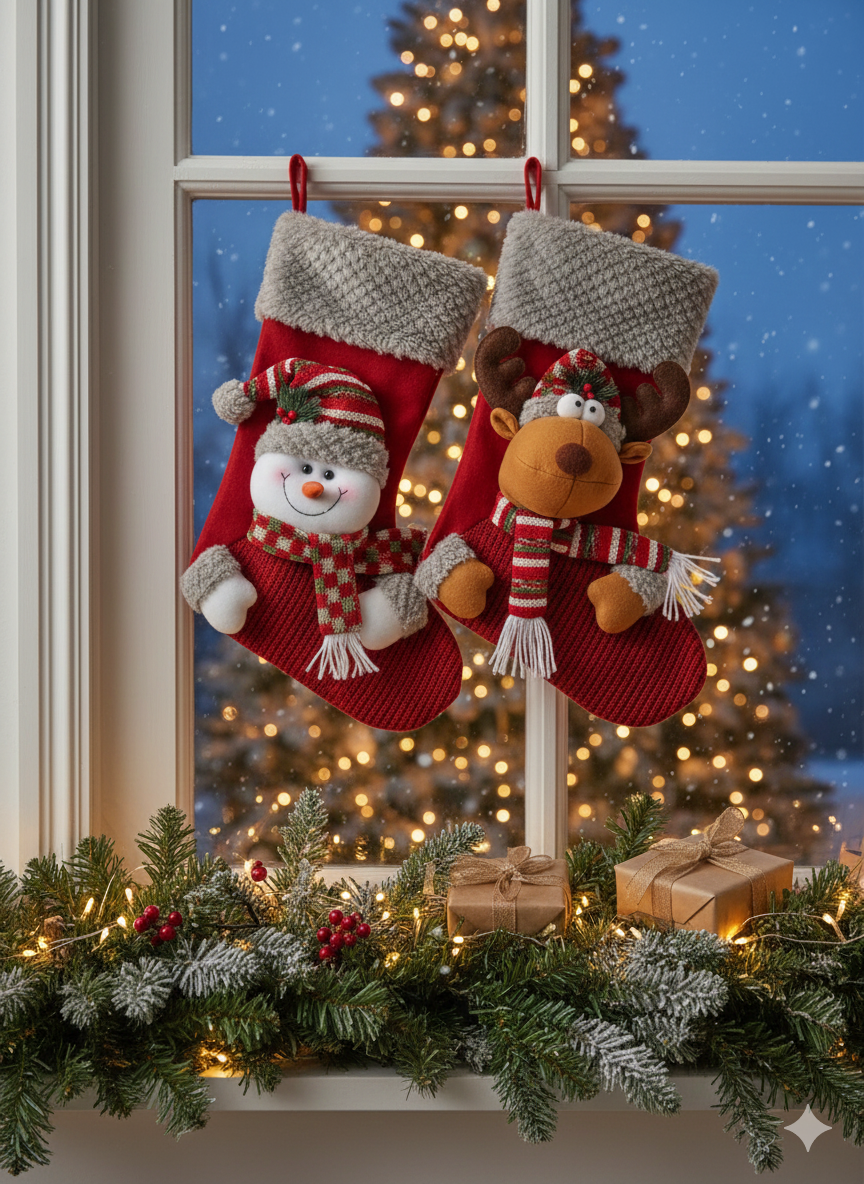 OAKLEY - Pack of 2 Plush Character Christmas Stockings - Snowman stocking (red) - Reindeer stocking (red)