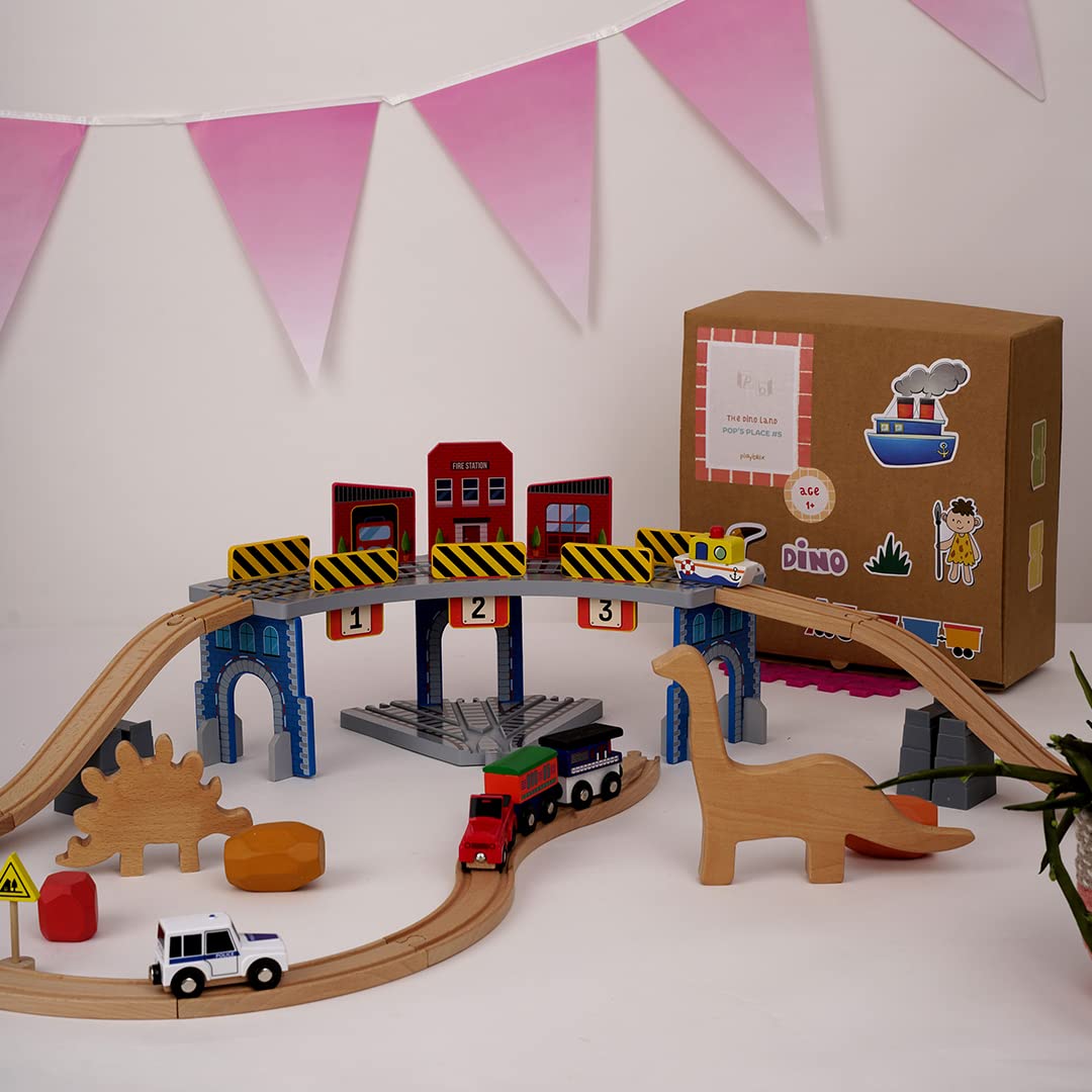 The Dino Land | Third Set-1 Including (Police Jeep,1 Car,1 Boat,2 Dinosaurs,3 Stones,1 Signal,4 Plastic Attachment,12 Tracks and1 Large Bridge)