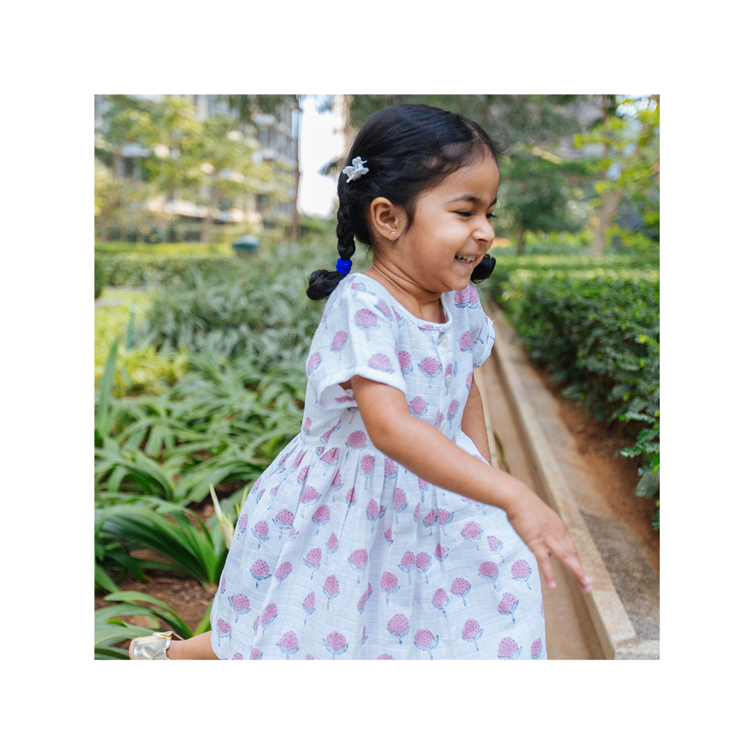 Organic Muslin Dress | Hand-Block Printed | Cotton Cheer Pink Bud - Totdot