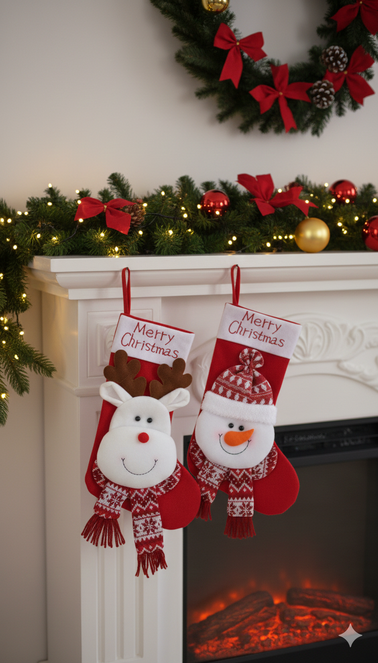 VIONNE - Pack of 2 Whimsical Character Holiday Stockings - Snowman stocking (white) - Reindeer stocking (red)