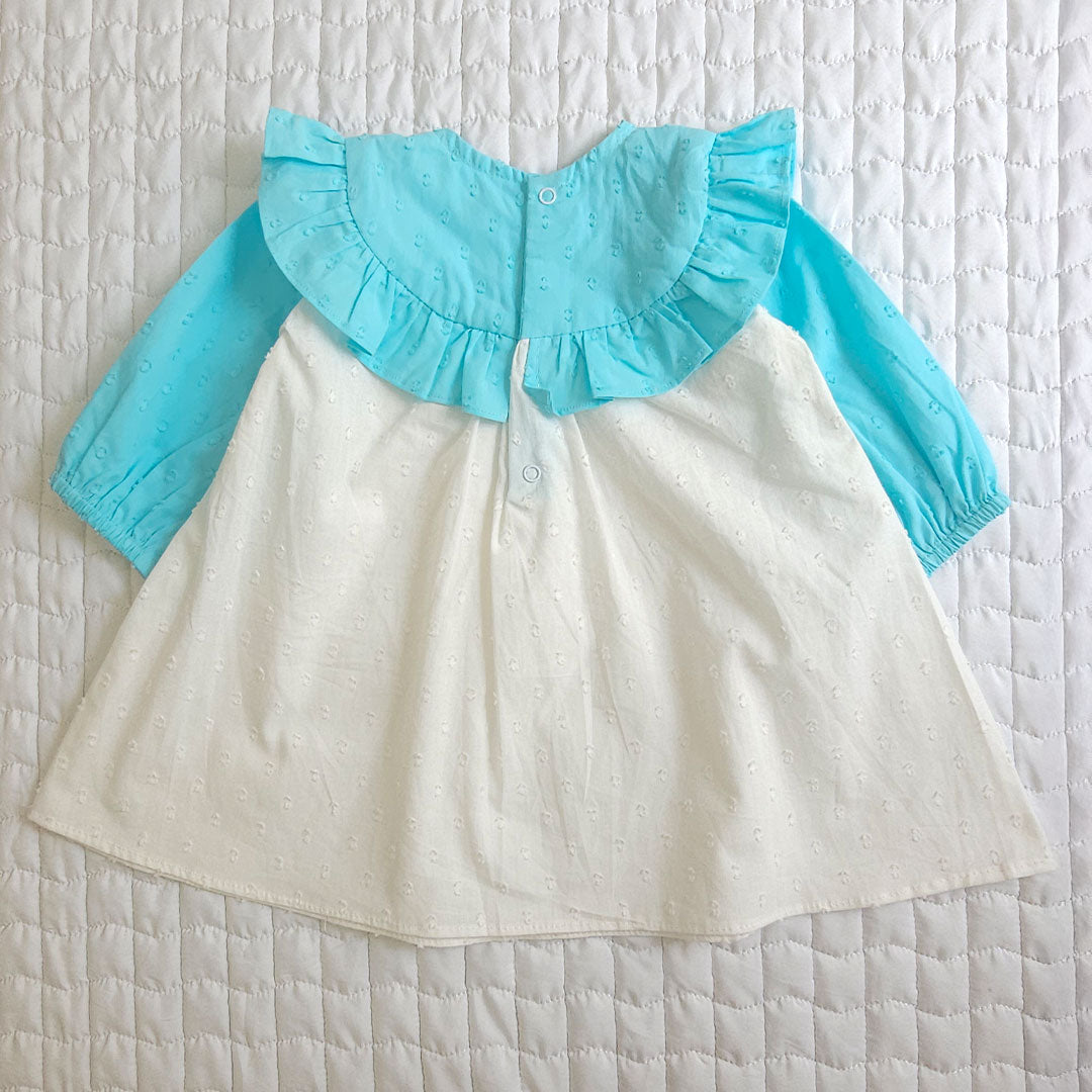Embroidered Blue and White Puffed Sleeve Dress - Garland of Flowers