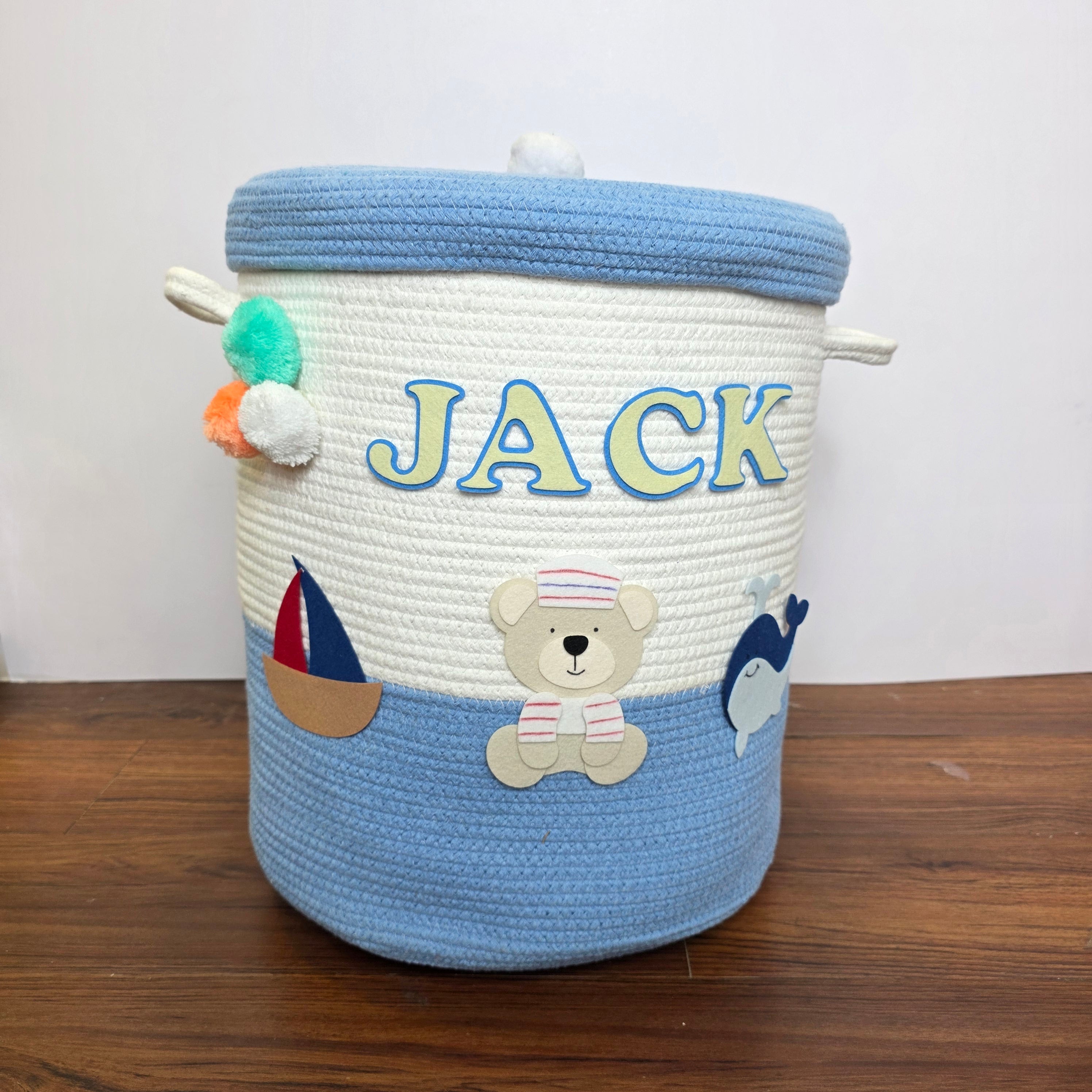 Jute Cotton Storage Basket with Lid - Seaside Skies