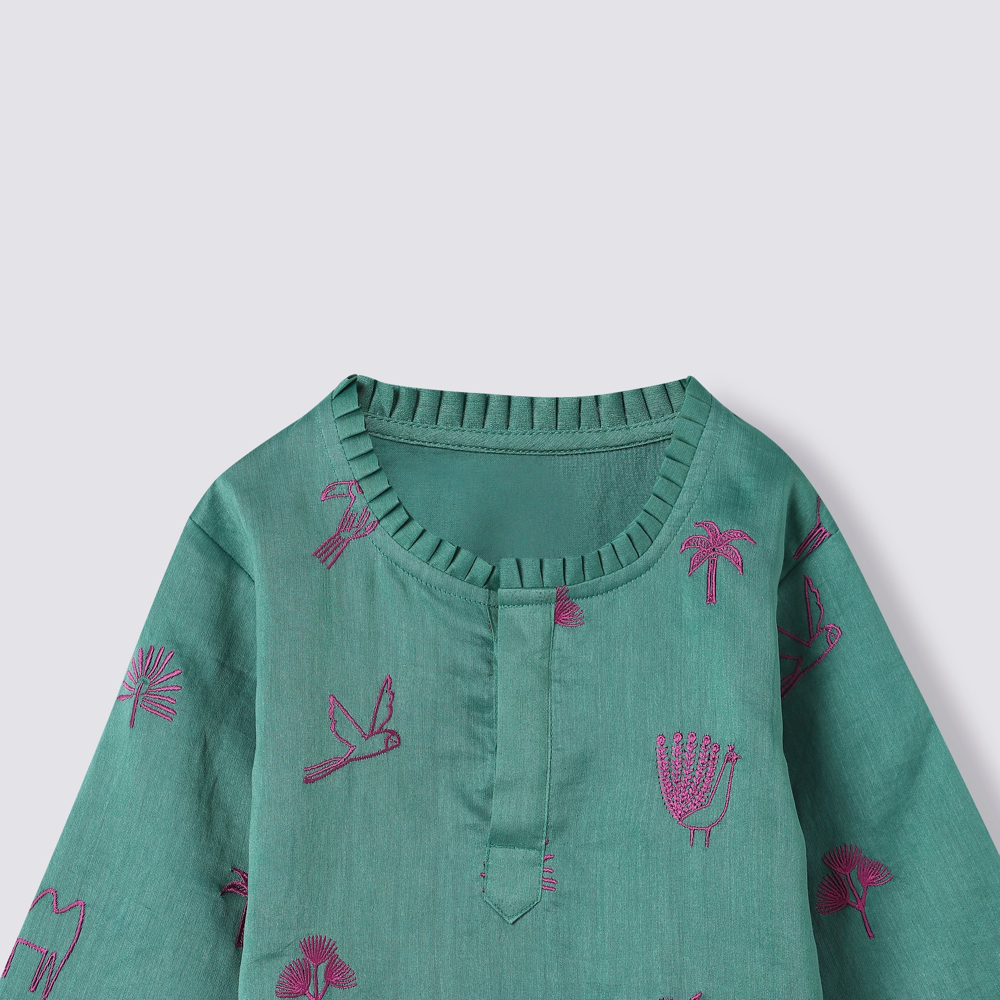 Chanderi Kurti Pants Set | Embroidered - Magical Jungle (Emerald)