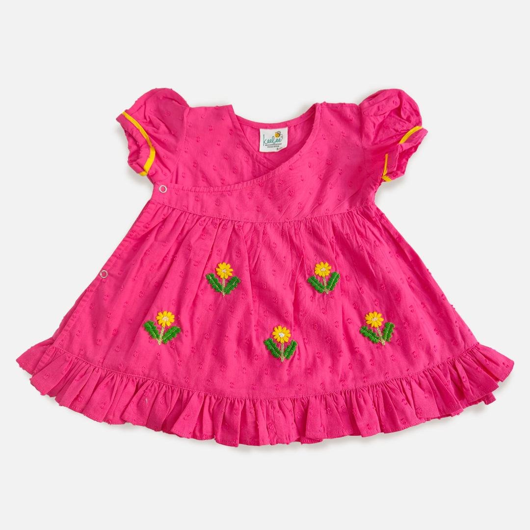 Embroidered Hot Pink Wrap Dress - Yellow Bloom