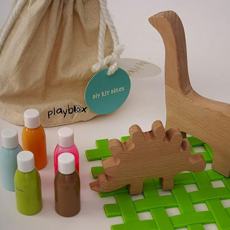 DIY Kit-Dino Set of 2- 2 Wooden Dinosaurs, 5 Color Bottles, 2 Paint Brush, 2 Sponge Brush with different size