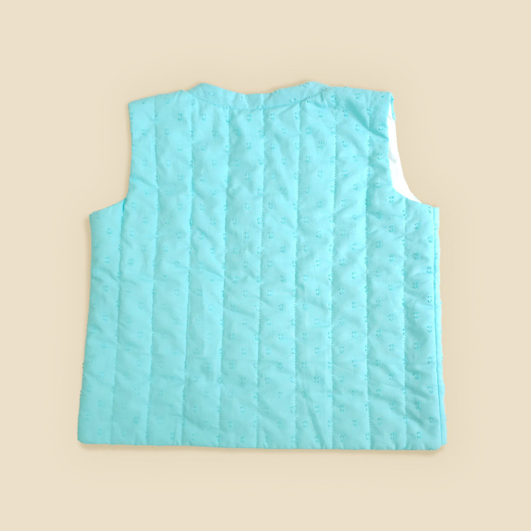 Frosty Plants - Cotton Embroidered Turquoise Blue Quilted Vest with Pockets