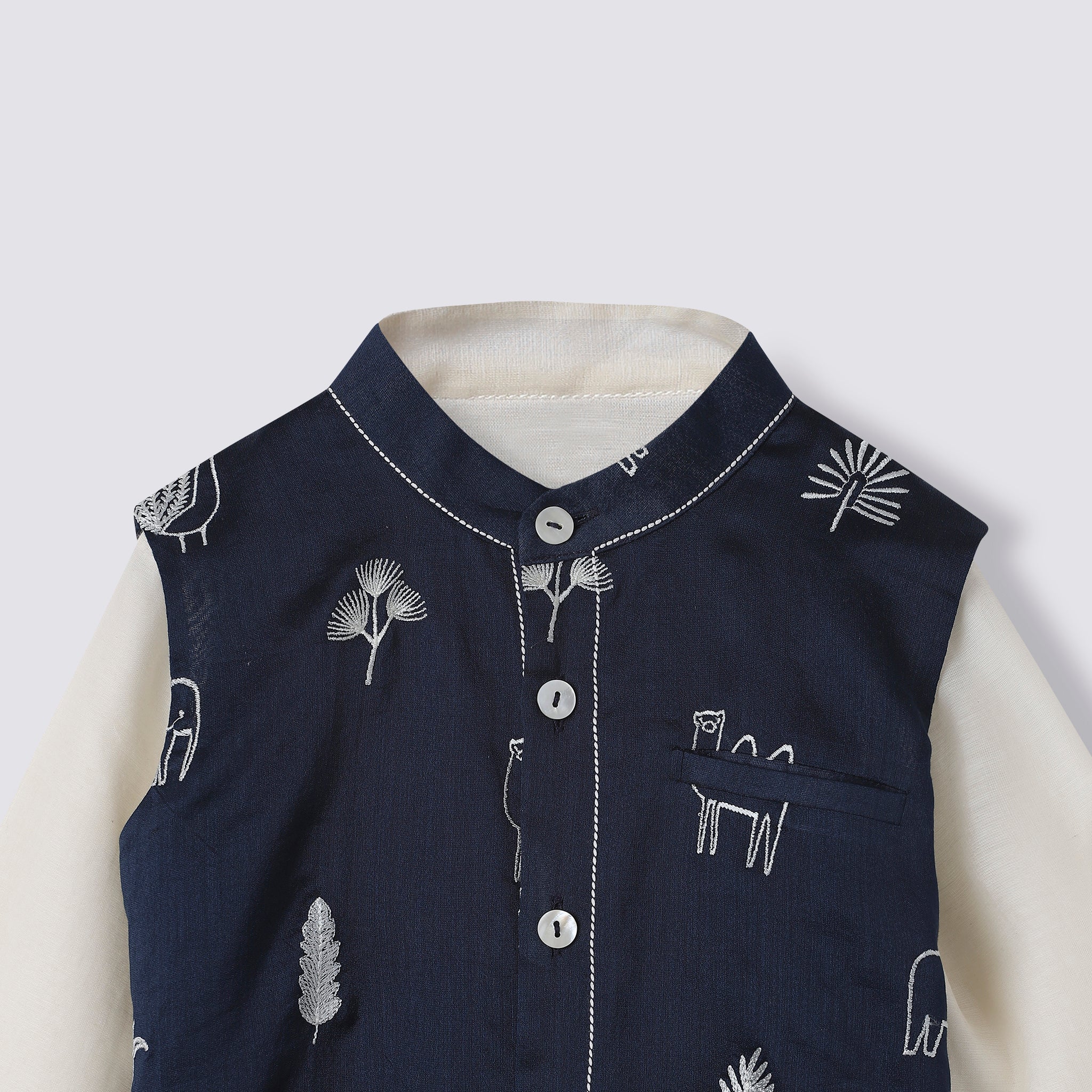 Chanderi Kurta Pyjama & Bandi Set | Embroidered - Magical Jungle (Royal Blue)