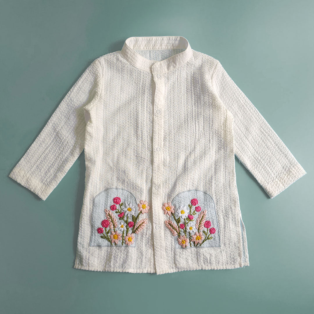 Bloom in Window - Cotton Embroidered Light Blue Kurta and White Pajama Pants Set