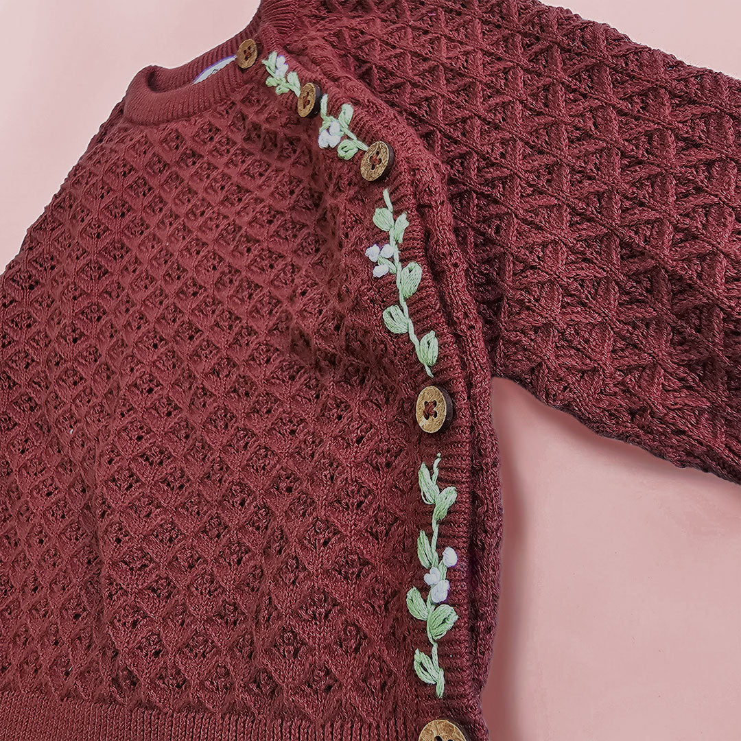 Floral Hug - Cotton Coffee Brown Hand Embroidered Wrap Style Double Layer Sweater