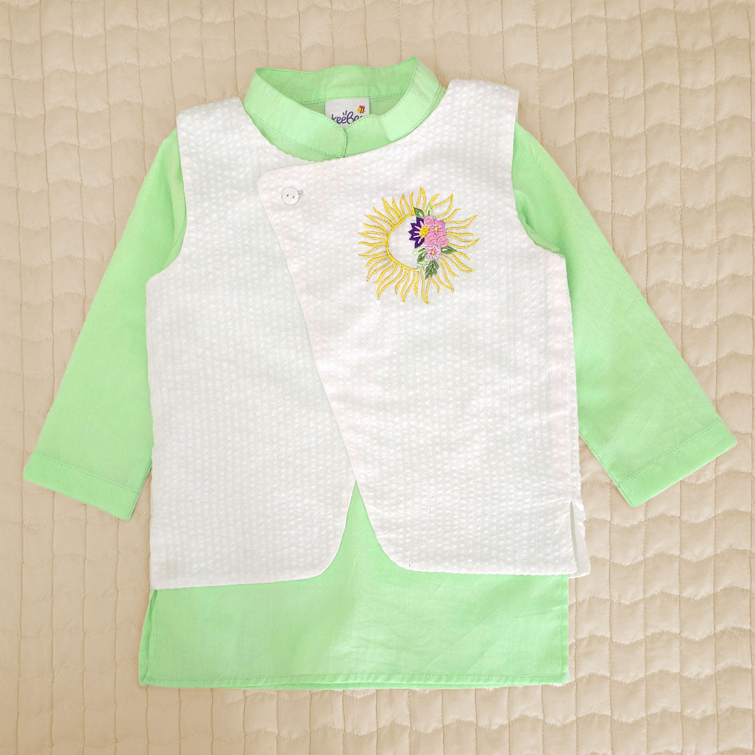 Mint Green – Cotton Sun Embroidered Jacket Kurta and White Pajama Pants Set