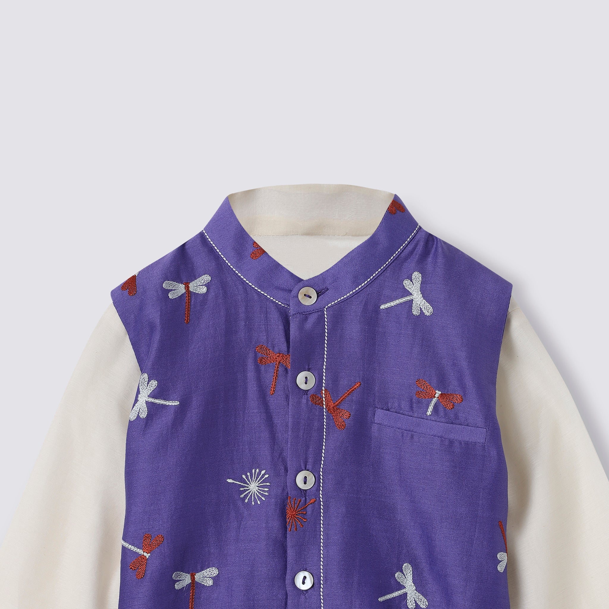 Chanderi Kurta Pyjama & Bandi Set | Embroidered - Dancing with Dragonflies (Amethyst)