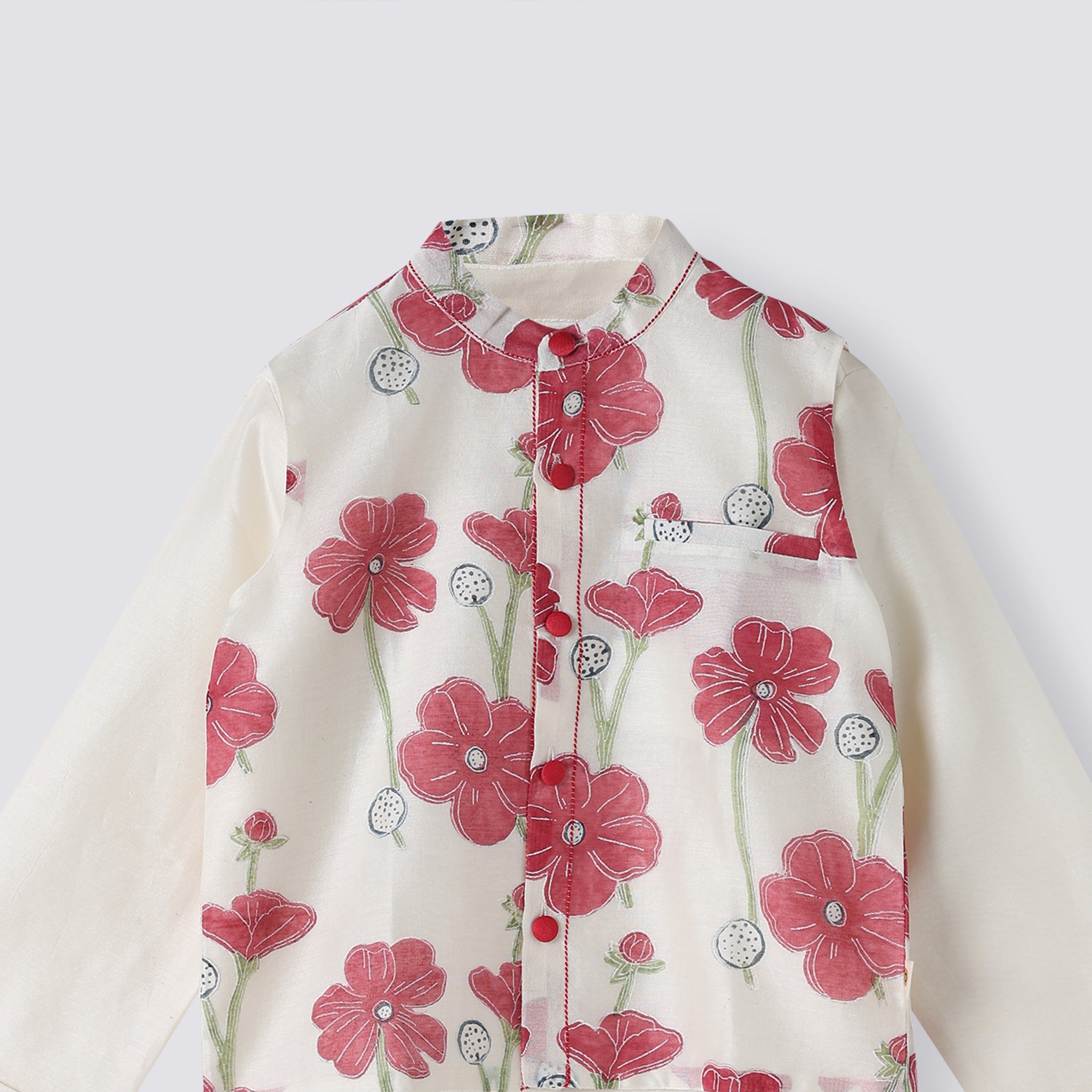 Chanderi Kurta Pyjama & Bandi Set - Poppy Fields (Ruby)
