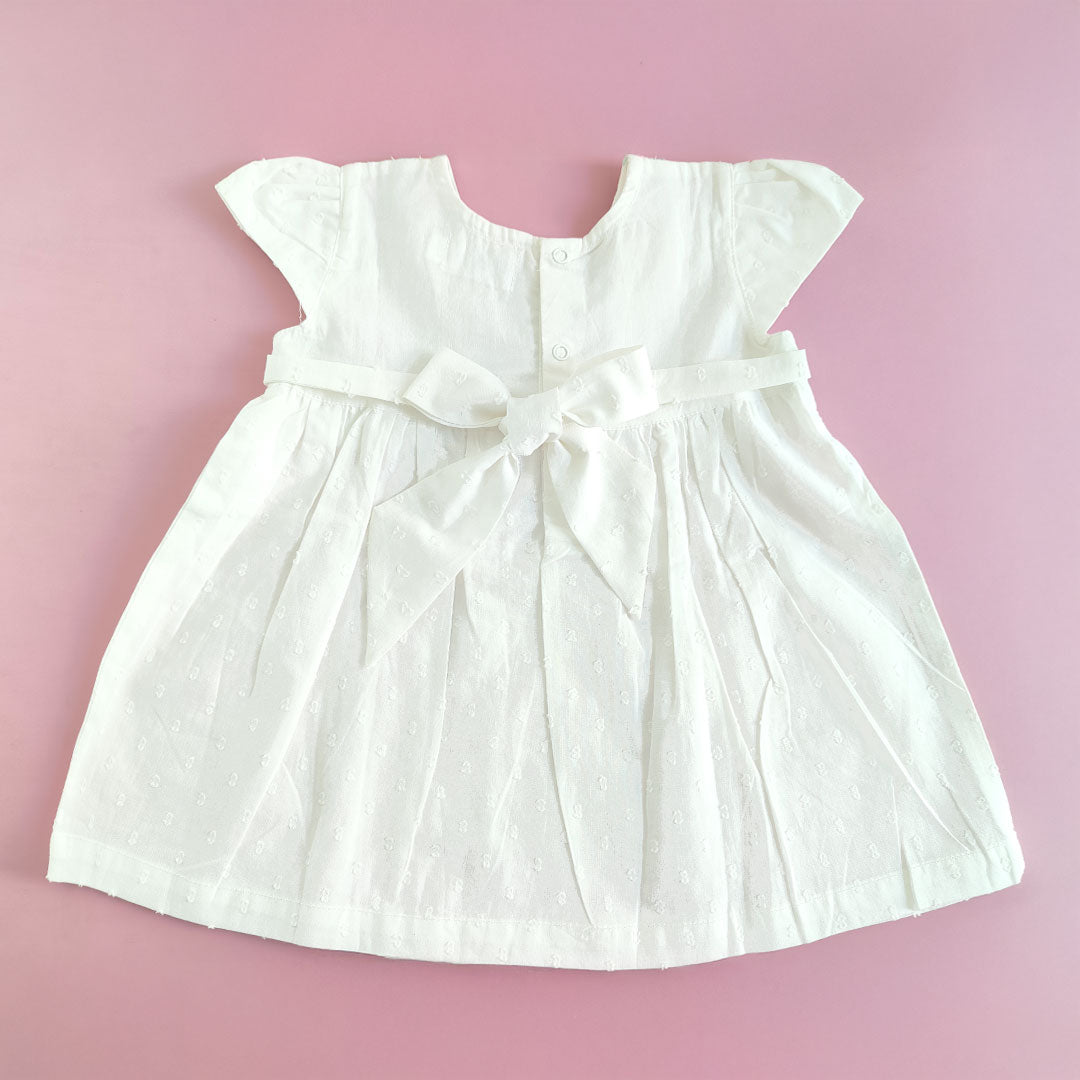 Textured Embroidered White Dress with Cap Sleeves - Paisley