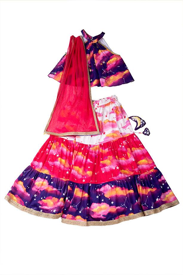 Sky Is The Limit Purple Layered Lehenga and Halter Neck Blouse Set for Girls Little Shiro