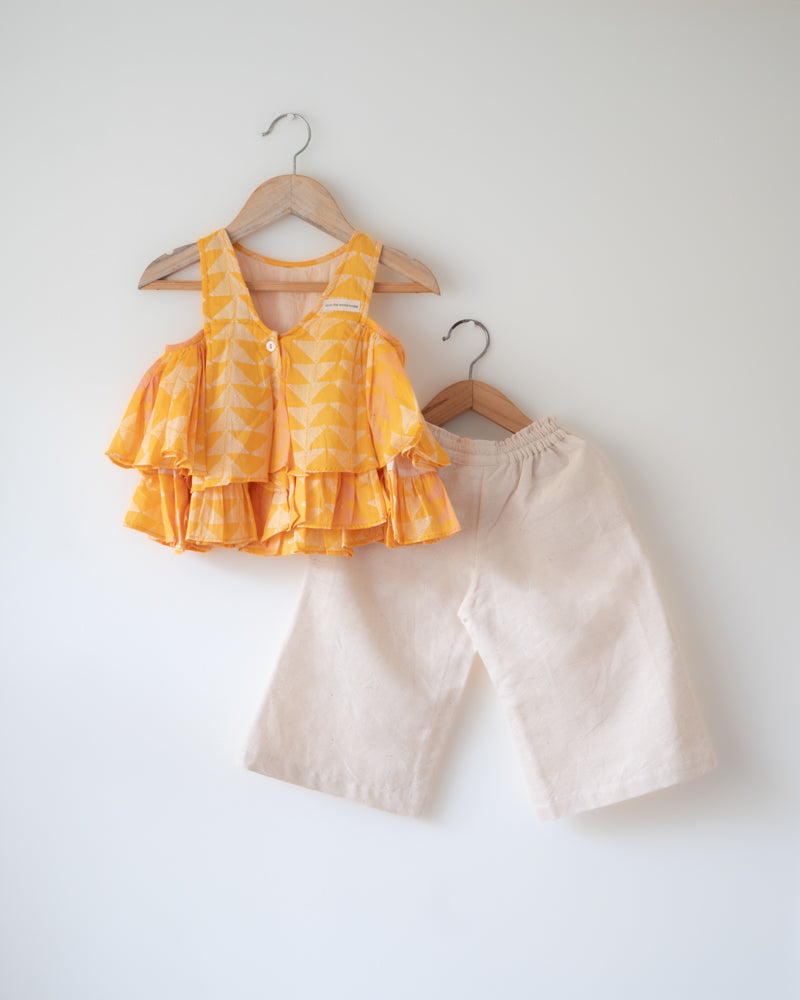 Chandan Mustard Ruffle Top & Off-White Palazzo Set