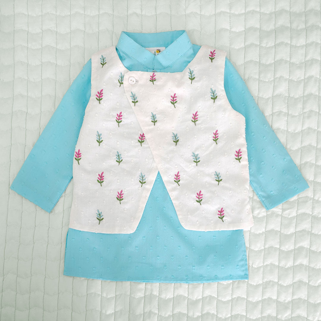 Turquoise Blue - Cotton Floral Embroidered Jacket Kurta and White Pajama Pants Set