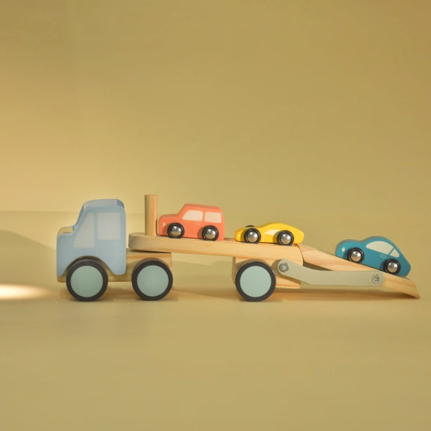 Car Carrier Truck and Cars Wooden Toy Set With 1 Carrier Truck and 3 Cars