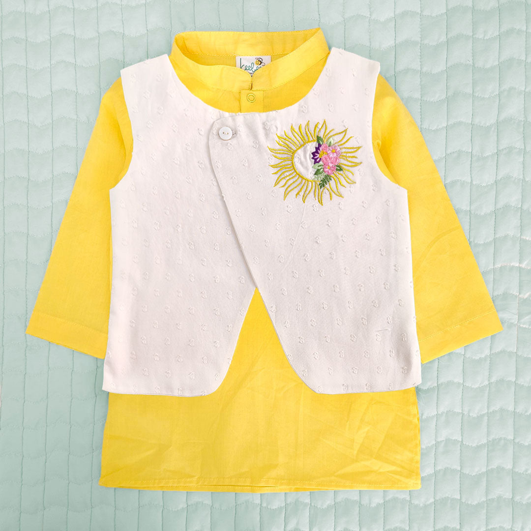 Yellow - Cotton Sun Embroidered Jacket Kurta and White Pajama Pants Set