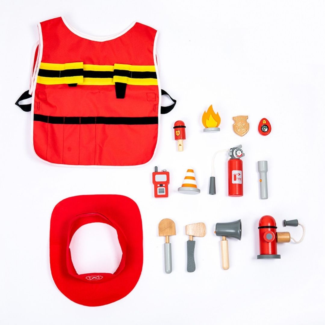 Wooden Firefighter Pretend Play Toy with Fireman Costume Kit 14 Pcs