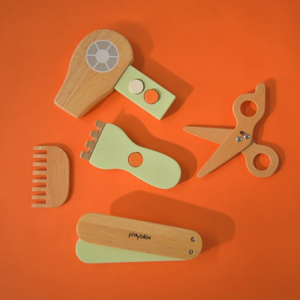 Comb & Shine - Wooden Kids Hair Salon Playset, Wooden Hair Styling Toys for Kids | Kids Barber Playset, Beauty Salon Fashion Pretend Play Set
