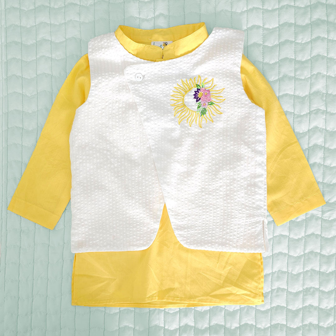 Yellow - Cotton Sun Embroidered Jacket Kurta and White Pajama Pants Set