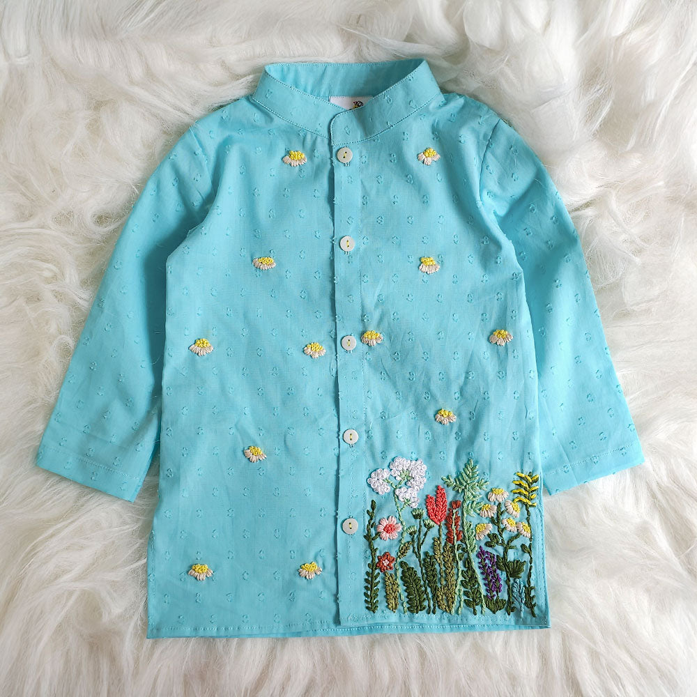 Flower Garden - Cotton Hand Embroidered Light Blue Kurta paired with Patiala Pants