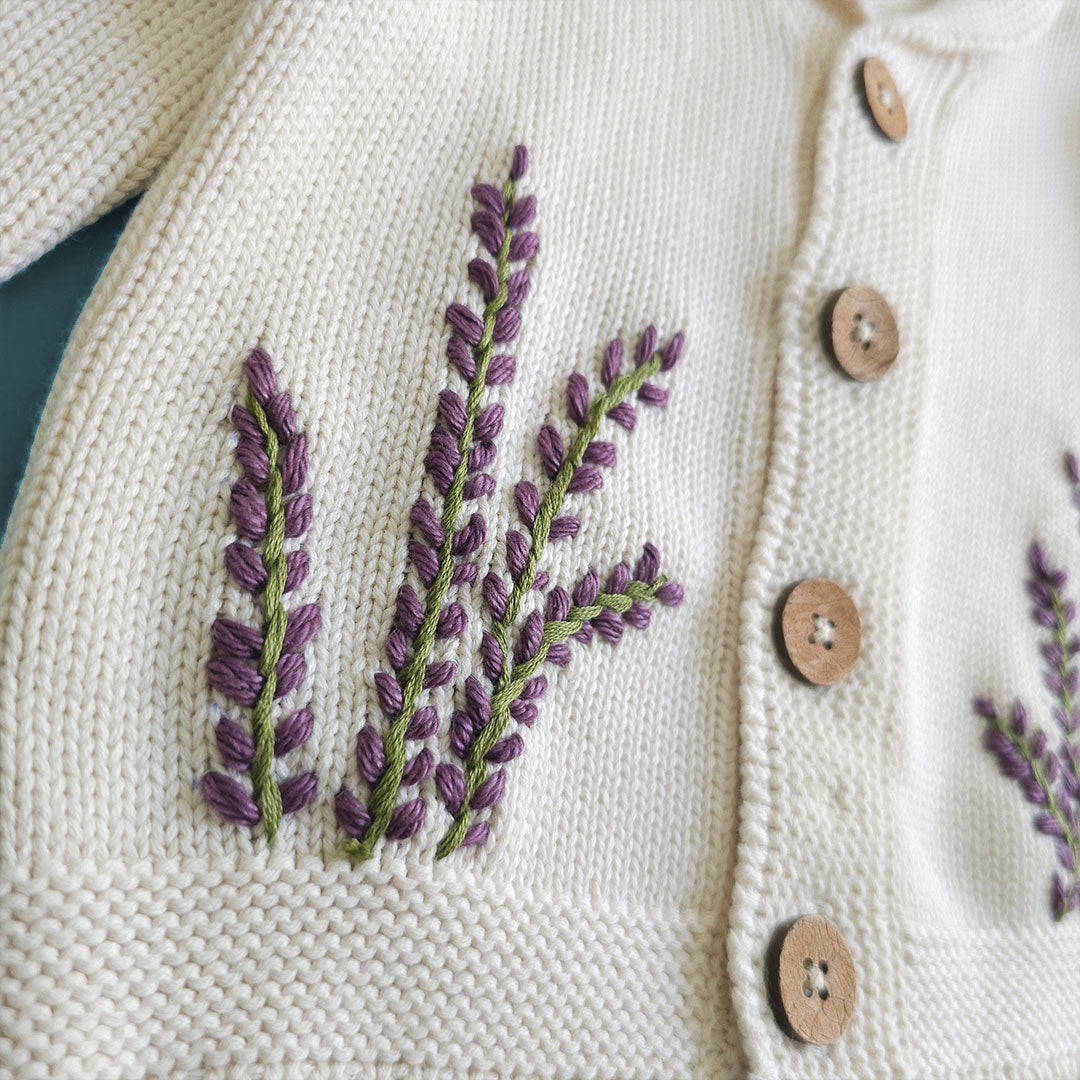 Winter Lavender – Cotton Hand Embroidered White Cardigan