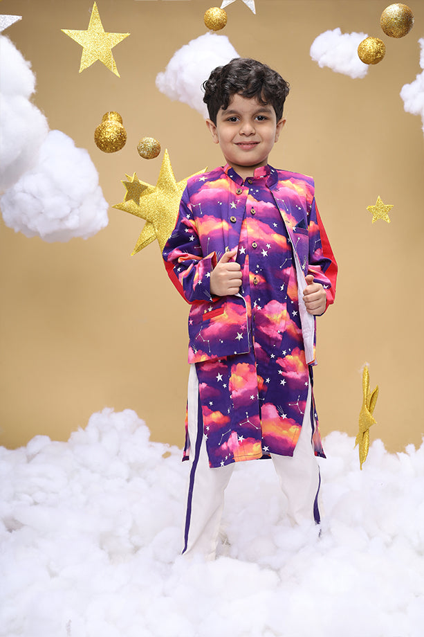 Dusk Is An Illusion Purple Bandi Kurta and Off-White Pants Set for Boys Little Shiro