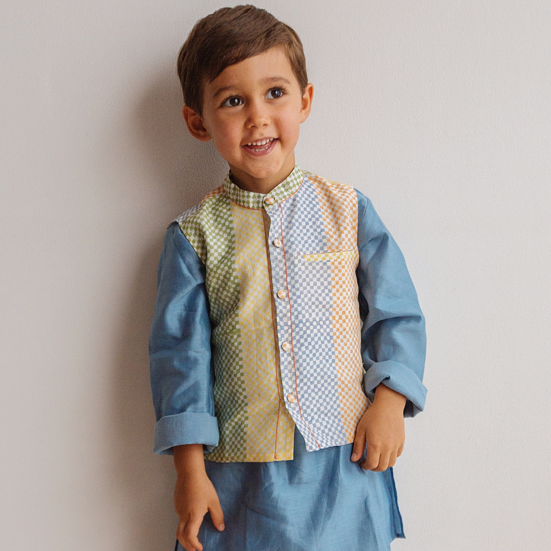 Chanderi Kurta Pyjama & Bandi Set - Spot the Checks (Sky)