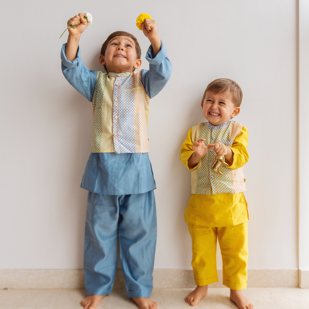 Spot The Checks - Chanderi Kurta Pyjama & Bandi Set | Hand-Block Printed - Sky